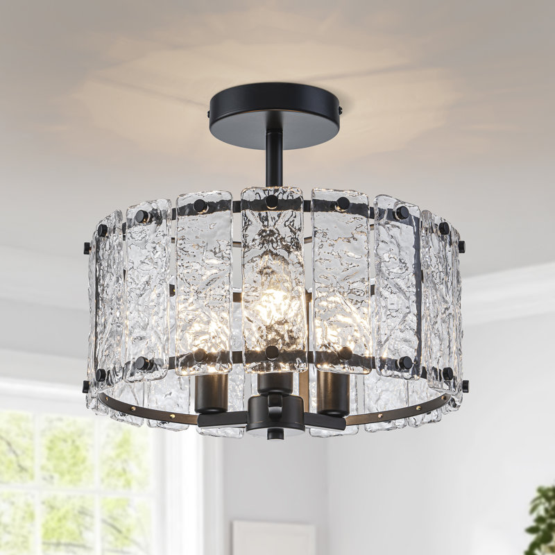 3 - Light 13.39'' Modern Drum Hammered Glass Semi Flush Mount Light, Matte Black