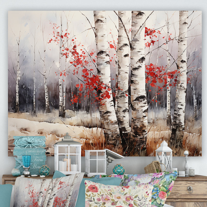 Bois de bouleau blanc et rouge en hiver III - Art mural bouleau, H 34 po x l 44 po x P 1,5 po, Toile tendue