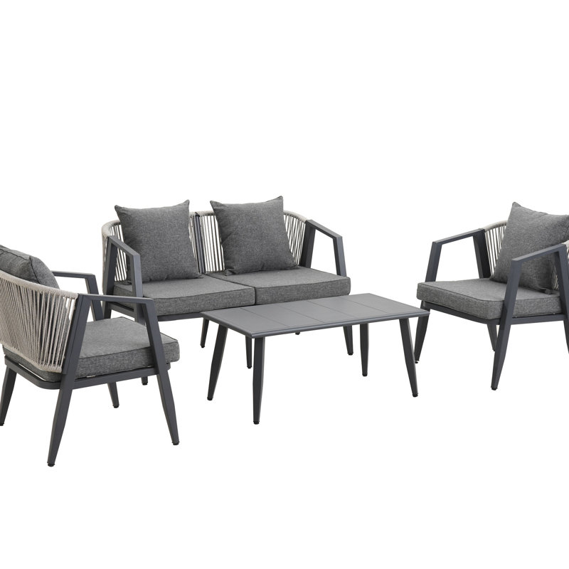 Sièges d'extérieur en fer - 4 personnes, patios, jardins, pelouses, coussins confortables et table assortie: 2 chaises simples et 1 chaise double