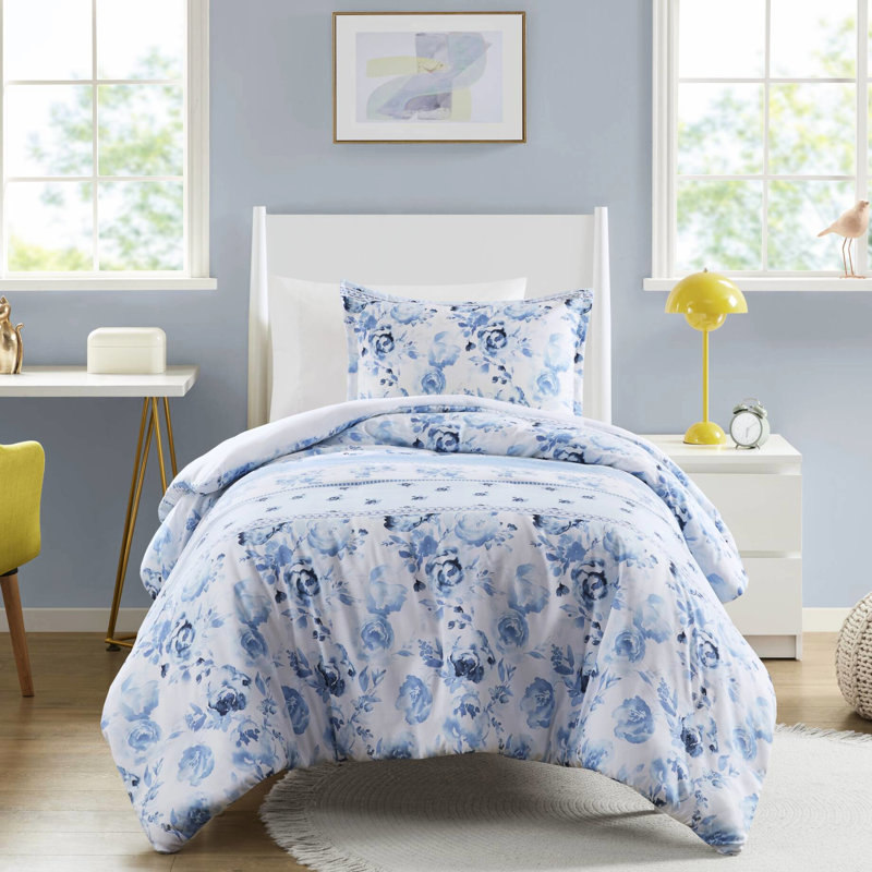 Housse de couette rayée à motif floral double / grand bleu, microfibre, cravate intérieure hypnotisante