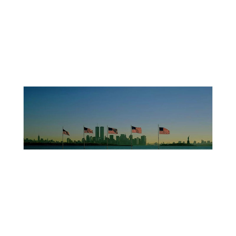 View of Manhattan Through a Row of American Flags at Flag Plaza, Liberty State Park, New Jersey 1 Piece Wrapped Canvas Panoramic Wall Art