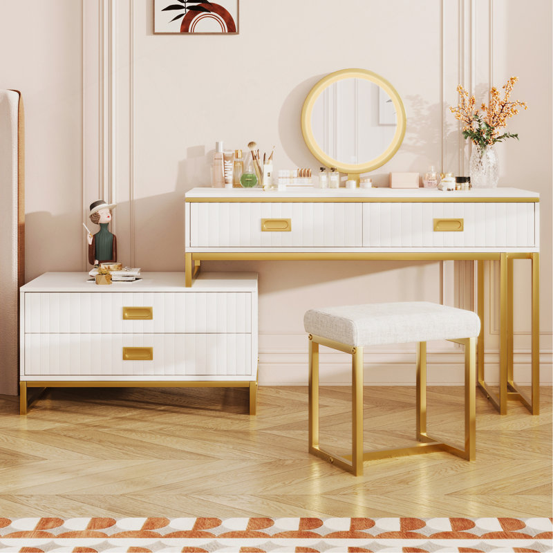 GO Modern Style Vanity Table With Movable Side Cabinet And 4-Drawers, Large Size Dressing Table With Mirror And 3-Colours LED Light, Makeup Table With Stool, White, Golden Legs