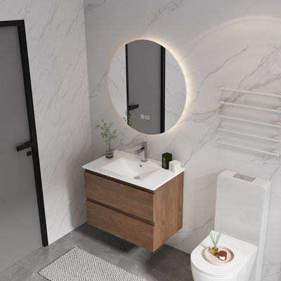 24" Wall-Mounted Bathroom Vanity With Ceramic Sink, 2-Soft Close Drawers, KD-Package