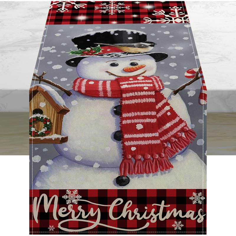 Red And Black Check Plaid Snowman Snowflake Merry Christmas Table Runner, 13 X 72 Inch Kitchen Dining Table Decoration For Indoor Outdoor Home Party Décor