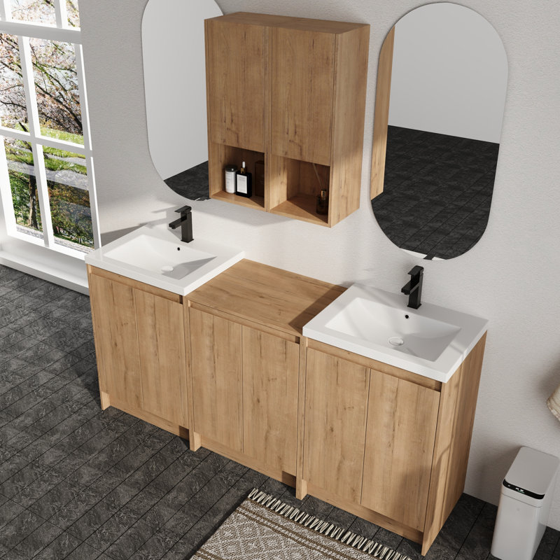 Meuble-lavabo double autoportant 72 po avec plateau de meuble-lavabo en résine et rangement mural 12 po Vowar, 72" W
