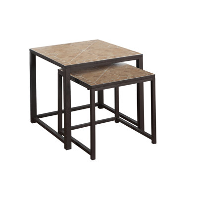 Table gigogne, ensemble de 2, côté, bout, métal, accent, salon, chambre à coucher, carrelage brun, métal brun, transitionnel