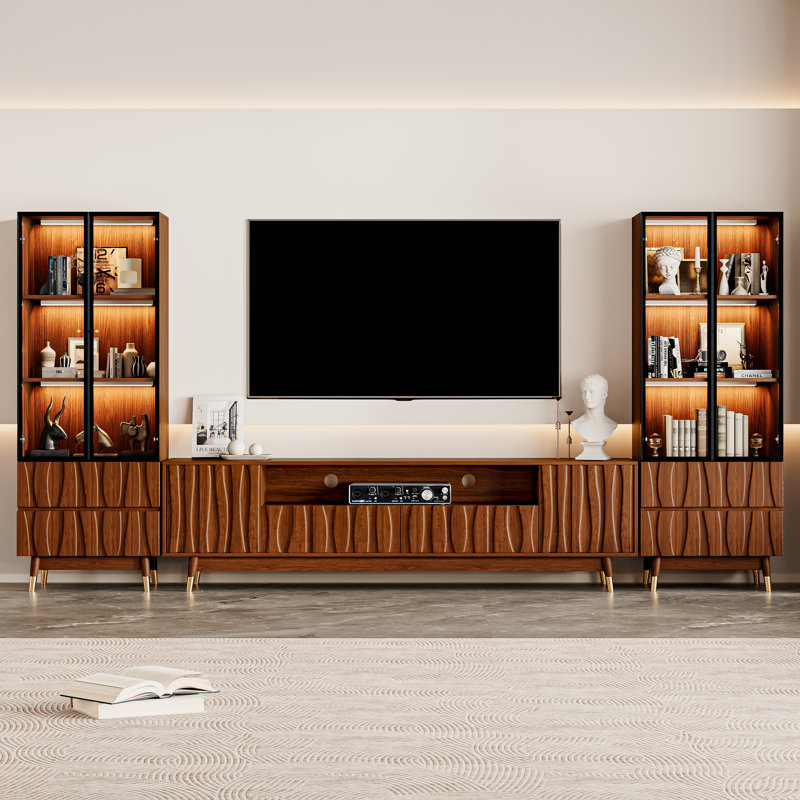 125.9" Mid-century Modern Brown Fluted Entertainment Center With Bookshelves For 55/58/65/70/75 Inch TV, Wood Walnut Finish 78.7" TV Console With Drawers And Lighted Glass Display Bookshelf, Media Console With Storage For Living Room