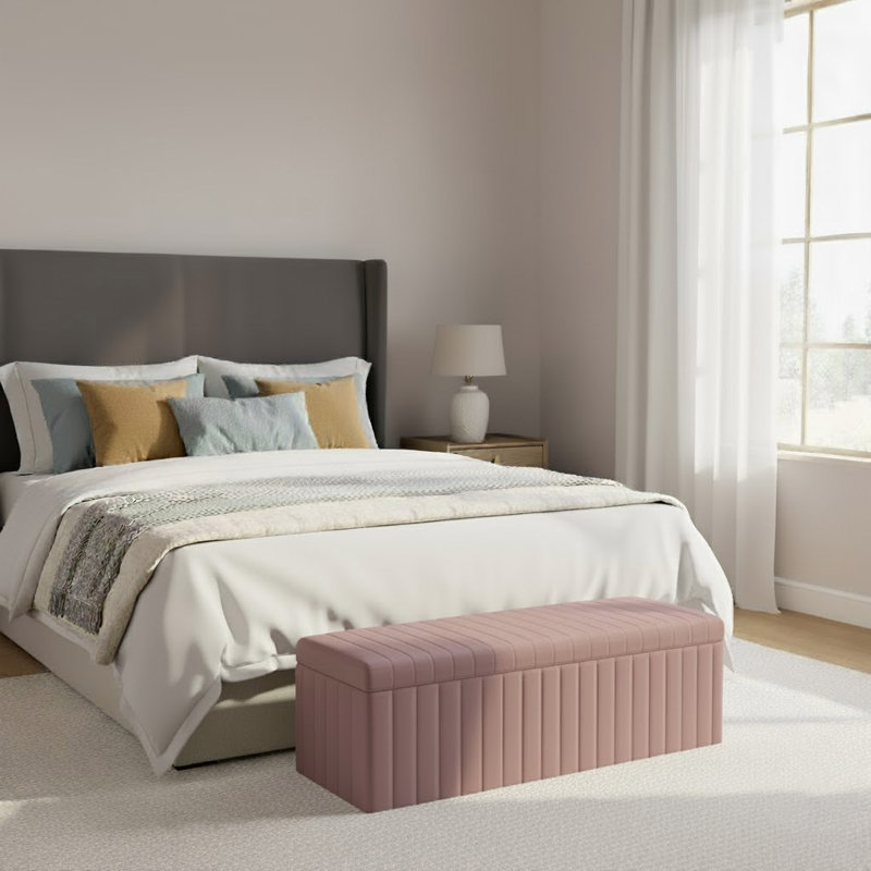 Lux Striped Wide Velvet Rectangle Solid Color Standard Ottoman Box with Storage, 40 cm H x 90 cm W x 42 cm D, Pink