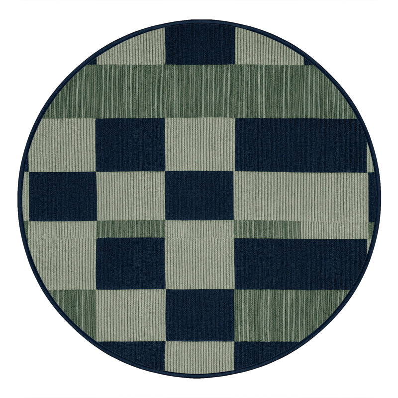 Machine Washable Checkered Blue Area Rug, Round 3'