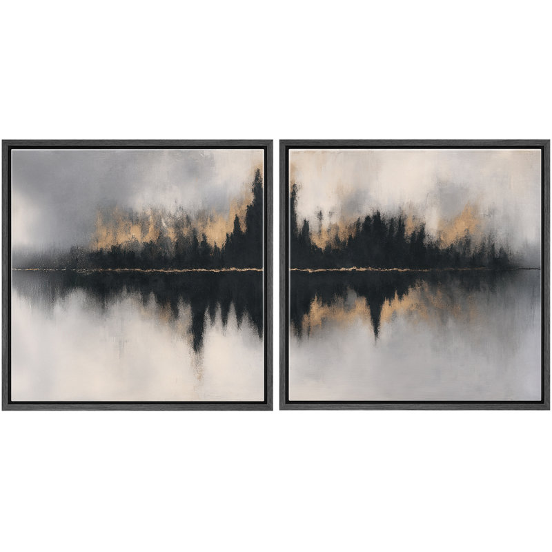 «Abstract Abstract Reflection Lake Golden Horizon Modern Landscape», art mural encadré, œuvre d'art, H 24 po x l 24 po