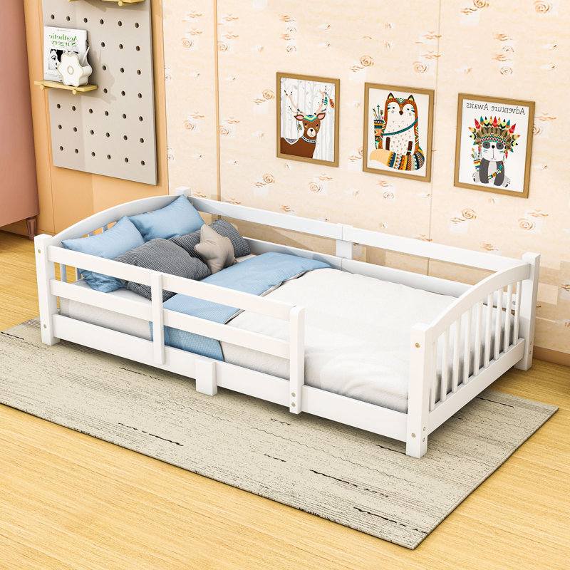 Lit en bois avec garde-corps de sécurité, Lit simple, Blanc