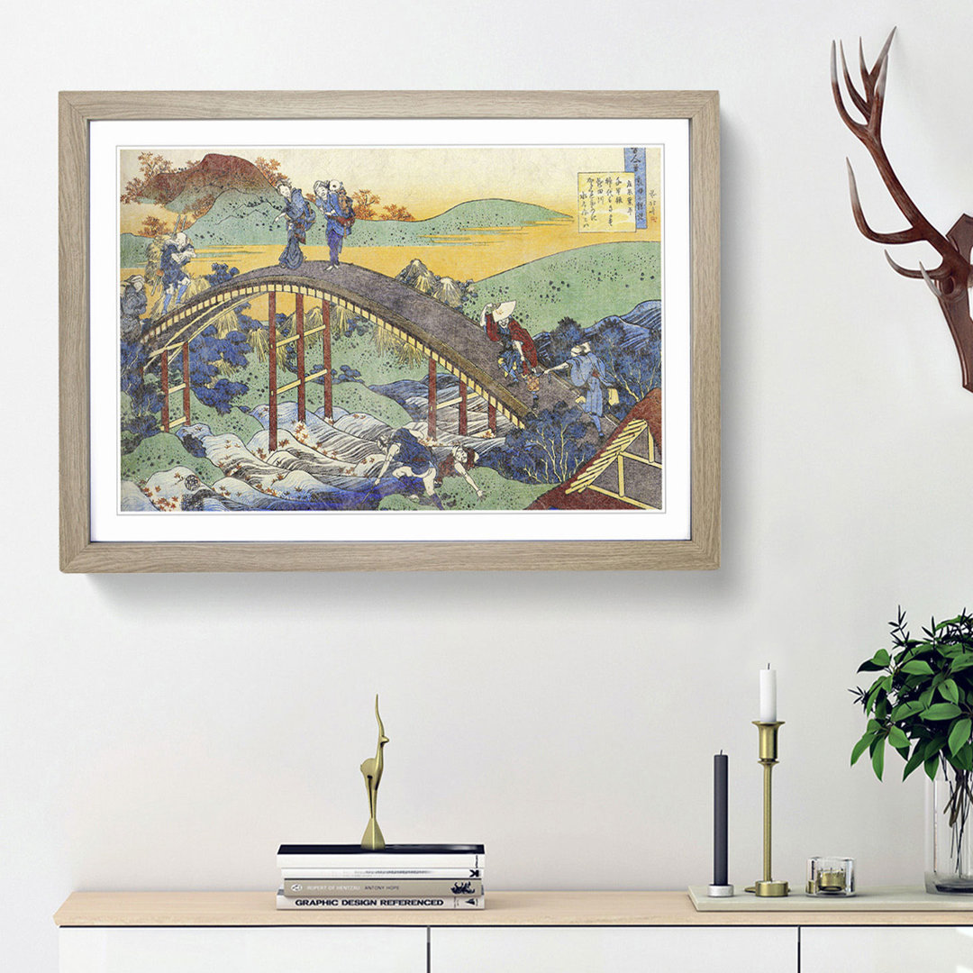 Crossing the Bridge by Katsushika Hokusai - Framed Print