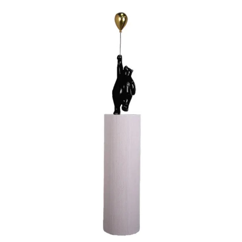 Statue ours avec ballon sur piédestal, Noir / Blanc / Doré
