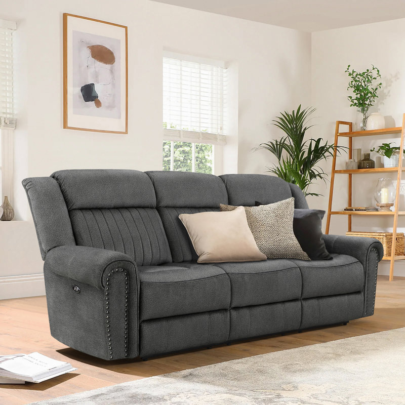 Cappella 89" Traditional Textured Microfiber Double Reclining Sofa with Elegant Nailhead Trim, Available in Manual or Power Motion