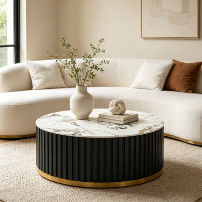 35.04"Drum Coffee Table, Modern Unique Contemporary Wood Round Coffee Table For Living Room&Bedroom