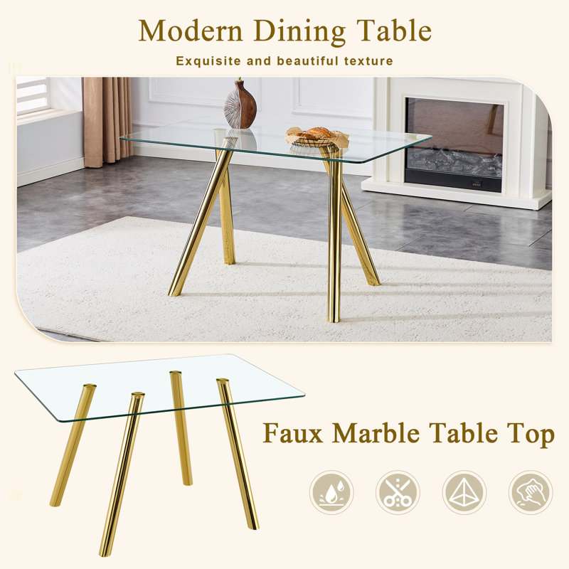 51-Inch Tempered Glass Dining Table With Sturdy Metal Legs, Gold