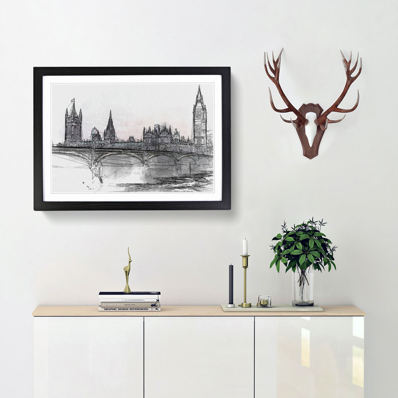 Houses of Parliament & Big Ben in Abstract - Picture Frame Graphic Art Print, Black Framed, 48cm H x 65cm W x 2cm D