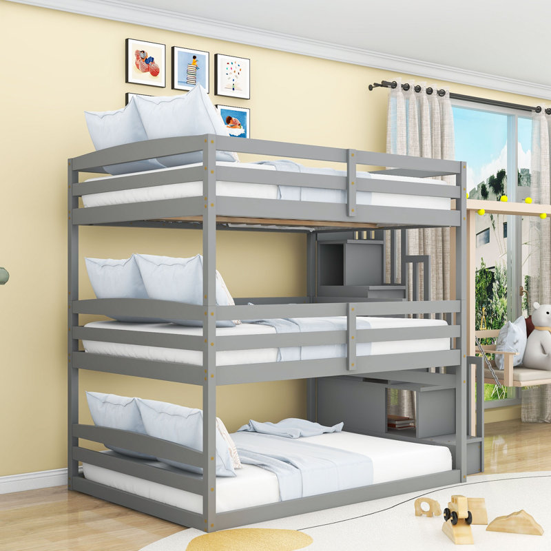 Lit superposé en bois avec escalier de rangement, gris