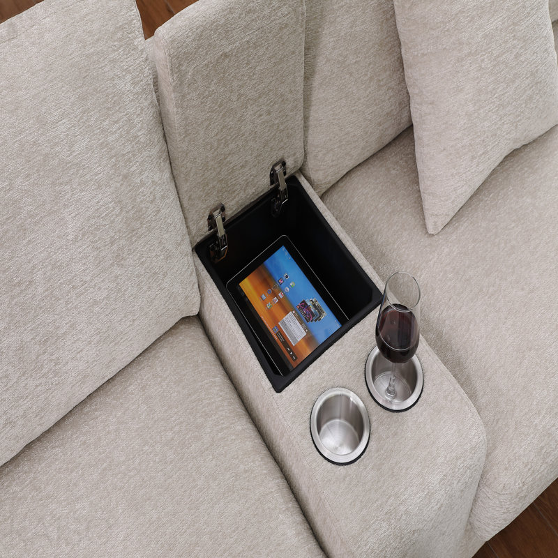 Canapé modulaire en chenille de 141,5 po en chenille beige avec méridienne, porte-gobelets et ports de recharge, Beige