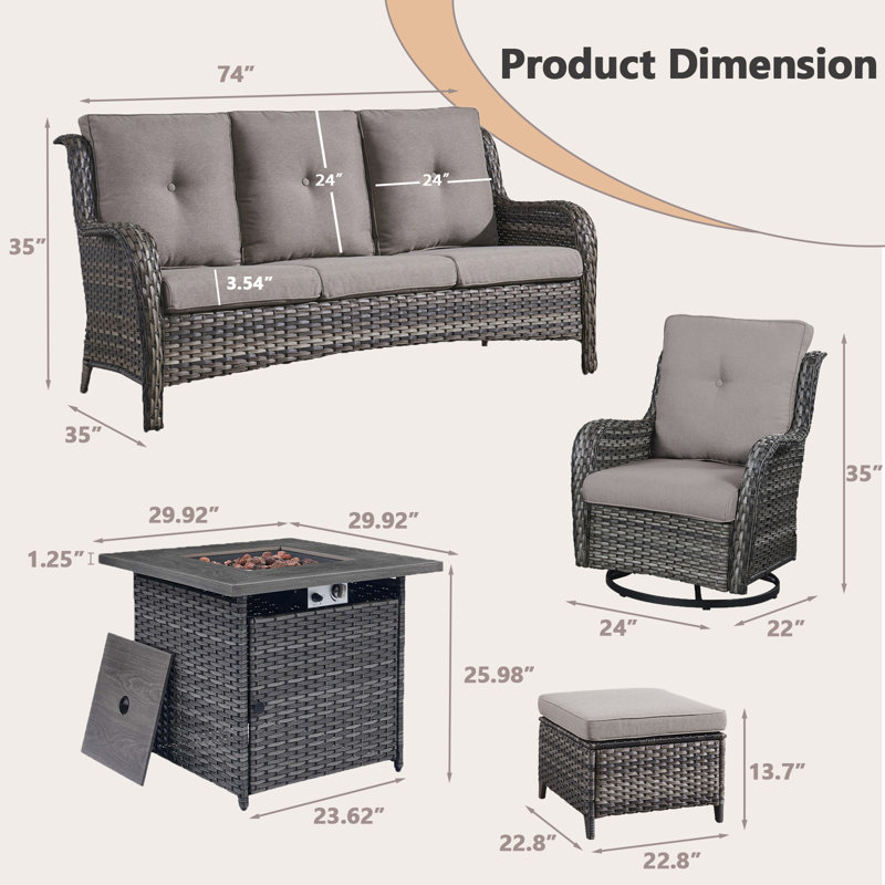 Schutt Wicker Rattan 5 Person Outdoor Seating Group with Fire Pit, Rocking Swivel Chairs, Sofa and Ottomans, Gray, Gray