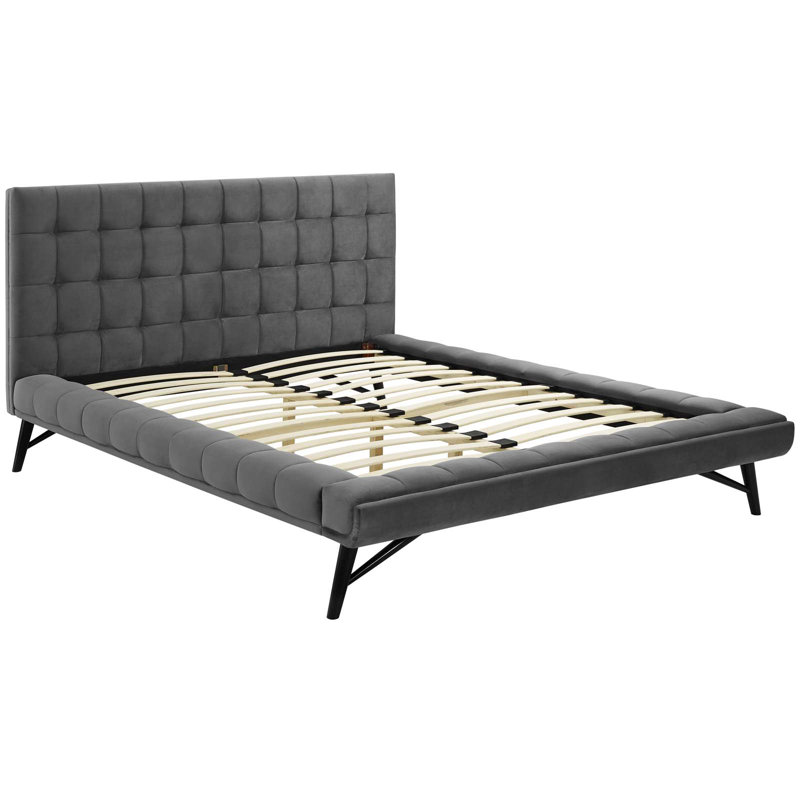 Grand lit plateforme tapissier en tissu touffeté Julia, Velours gris pâle