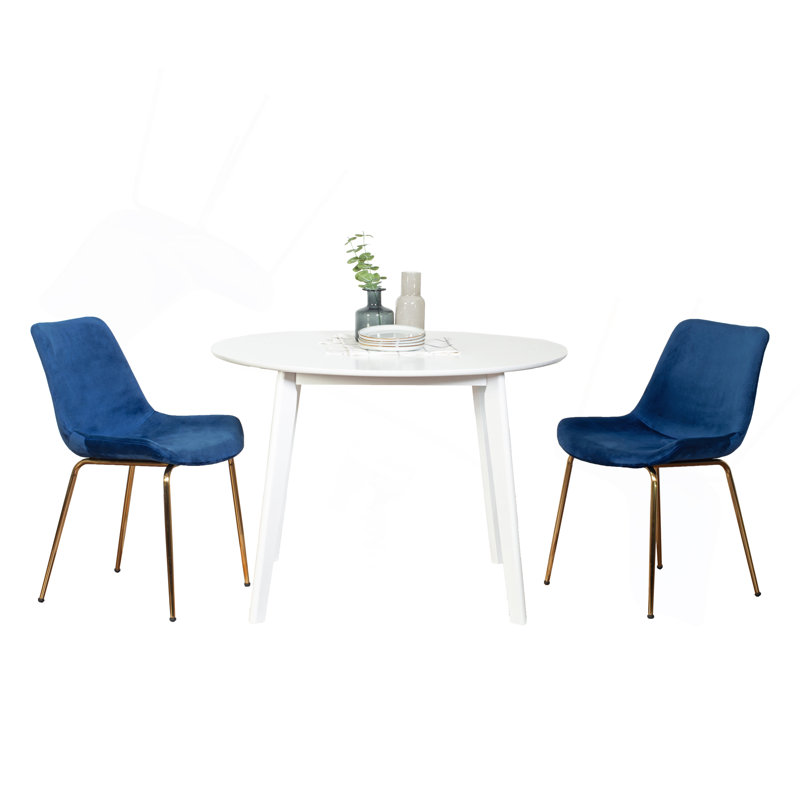 Ensemble de salle à manger contemporain 3 pièces, table de salle à manger ronde blanche avec 2 chaises, Bleu