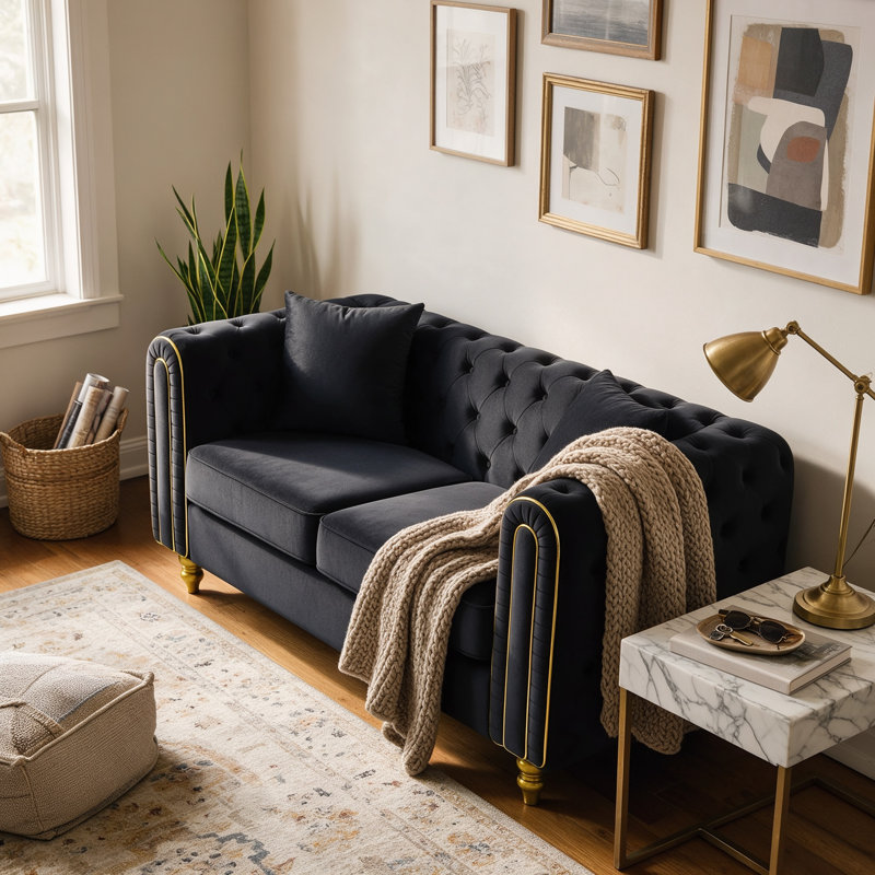 63" Decaro Loveseat, Button Tufted Rolled Arm Sofa with Gold Legs, Black