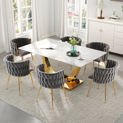 Rectangle Pedestal Dining Set with Woven Dining Chair