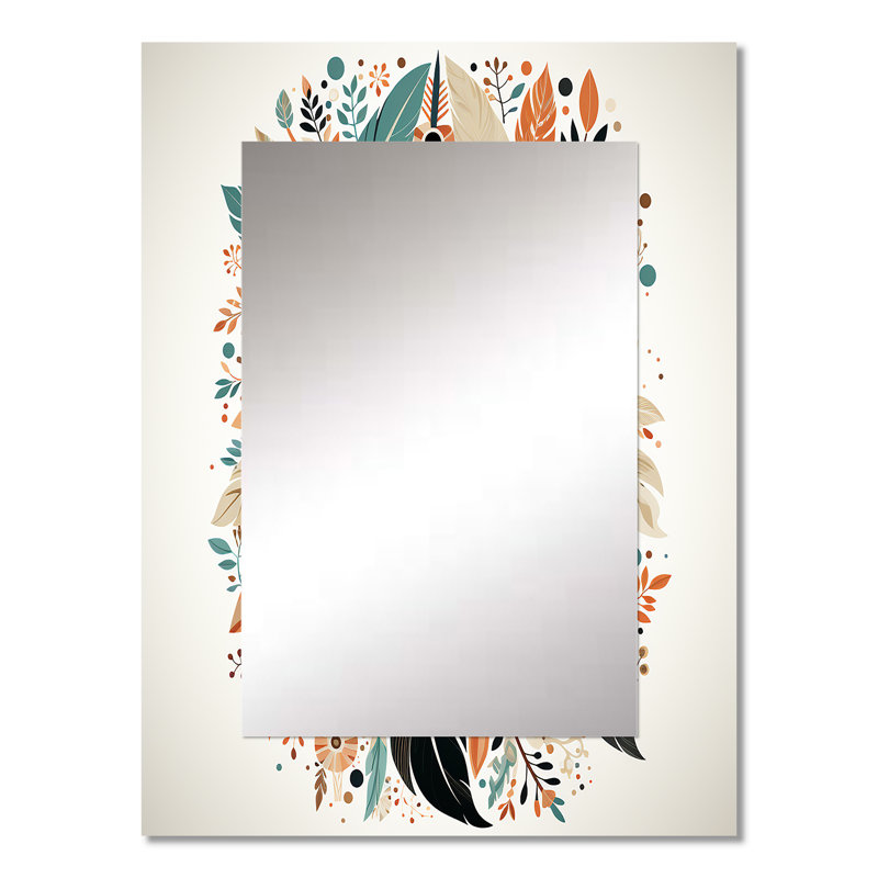 Rétro plumes de bohème en bleu et orange I - grand miroir en plumes, décor de miroir mural unique bleu, impression d'art en métal