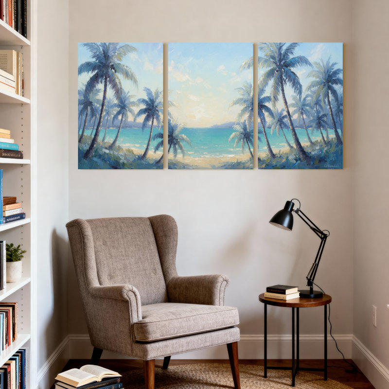 Palmiers, plage tropicale, palmiers, océan, coucher de soleil, paysage, ensemble de 3 toiles, H 18 po x l 36 po