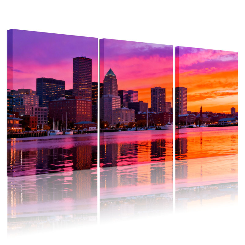 Ensemble de 3 toiles murales représentant le coucher de soleil sur la ligne d'horizon de Boston, H 36 po x l 72 po