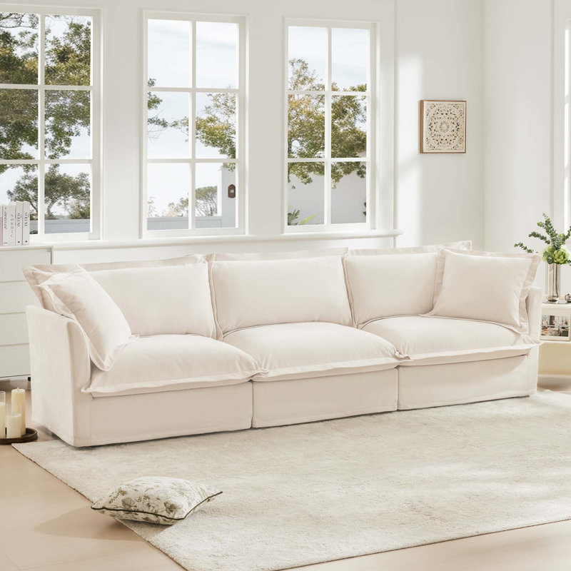 Canapé moderne à 3 places en chenille avec accoudoirs polyvalents et coussins moelleux, Crème, crème