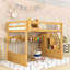 Grand lit mezzanine avec armoire intégrée et tablettes de rangement-470647917