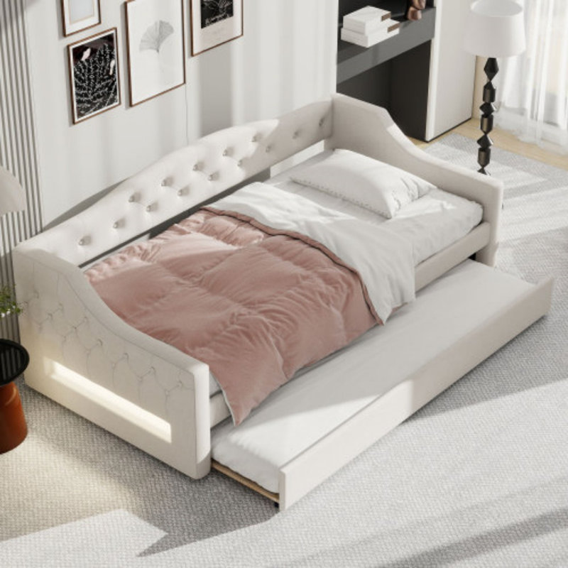 Upholstered Twin XL Daybed with LED Lighting, Trundle Bed & Sturdy Wood Frame – Space-Saving Platform Bed, White, Beige
