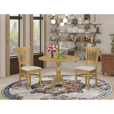 3 Piece Kitchen Table Set for Small Spaces Contains a Round Dining Table with Dropleaf and 2 Linen Fabric Dining Room Chairs, Oak