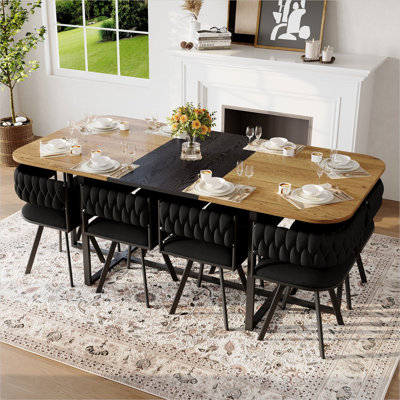 Square 9-Piece Dining Set with Jet Black Velvet Chairs and Two-Tone Wood Grain MDF Table, Seats 8, for Modern Kitchens