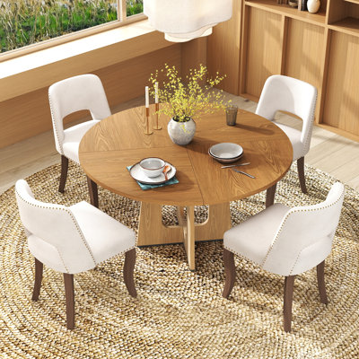 47in Farmhouse Round Table Set with 4/6 Upholstered Chairs, Oak/Walnut/Marble Pattern Finish for Dining Room Kitchen