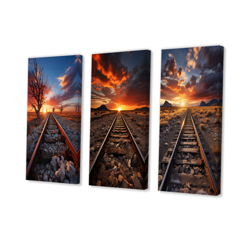 Railway Track In Sunset Landscape, 28" H x 36" W, Wrapped Canvas
