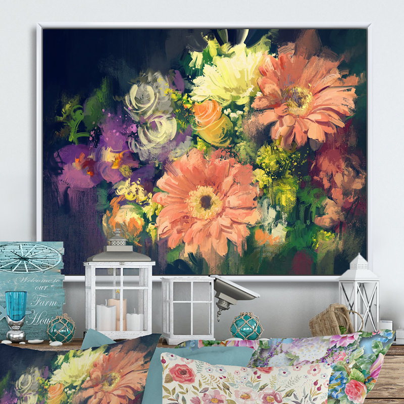 «Grunge Pastel Bouquet Of Flowers», reproduction sur toile, H 12 po x l 20 po x P 1 po, Cadre flottant blanc