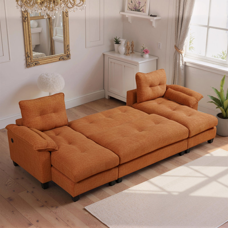 Deandre 104.7" Chenille Sofa with Symmetric U-shaped Design, Convertible Pull-Out Bed, USB/Type-C Charging Ports, Detachable Armrests & Thick Cushions for Living Room Leisure & Versatile Home Use