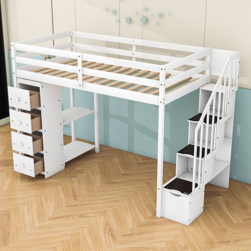 Gerta Twin 7-Drawer Loft Bed with Stair and Bookcase by Harriet Bee, White