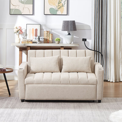 Convertible Sofa Bed Loveseat With Adjustable Backrest, USB Ports, Side Pockets, And Cup Holders For Modern Living