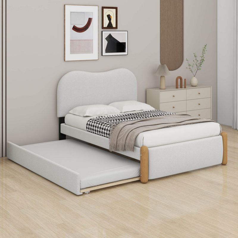 Upholstered Bed With Trundle Platform Bed Frame With Wood Supporting Feet, Twin