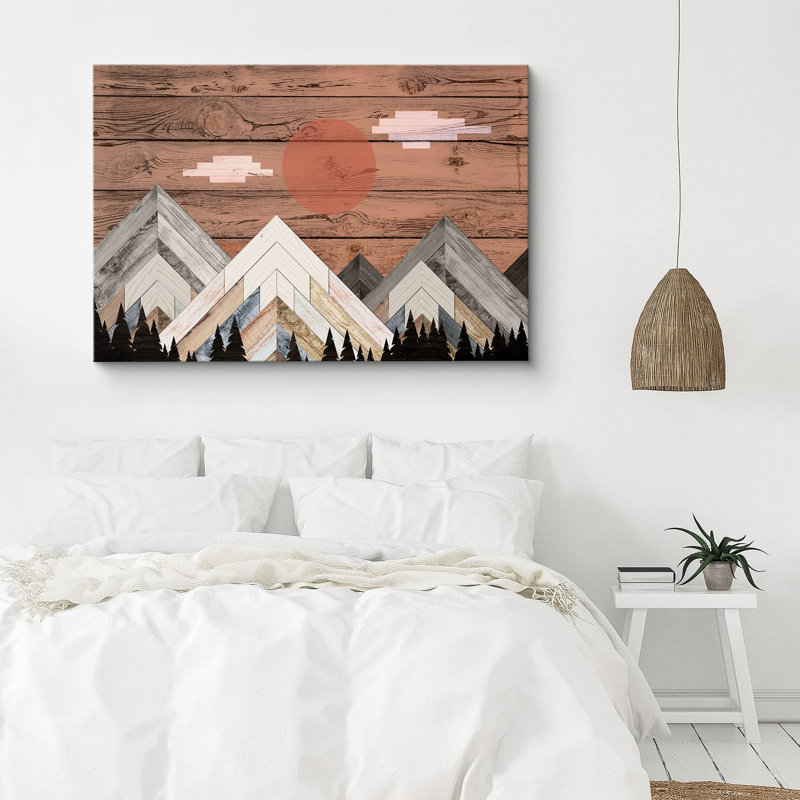 "Western Wood Effect Landscape", panneaux de bois de la chaîne de montagnes "Western Woodblick Day" sur toile
