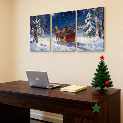 Hiver, traîneau à neige, forêt enneigée, scène de nuit, reproduction d'art sur toile tendue sur toile, ensemble de 3