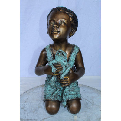 Boy Holding Frog Bronze Fountain Statue Green Patina 12" x 11" x 21"H