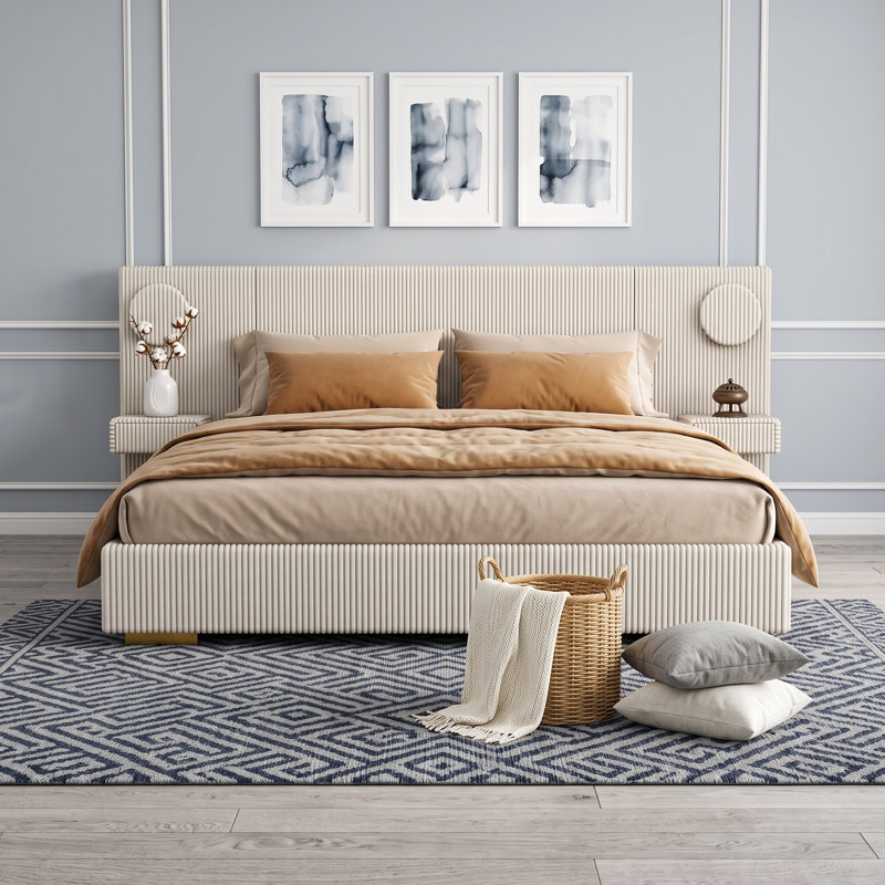 Lit plateforme tapissier avec tête de lit, lumières circulaires à DEL et ports de charge USB, Beige, Queen