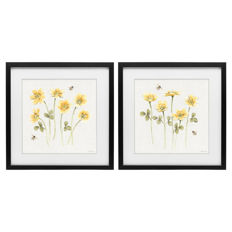Sweet Sweet Flowers & Bees, ensemble de 2 reproductions encadrées sous verre, par Beth Grove, 13 x 13