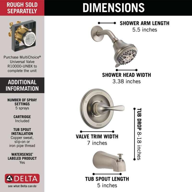 Classic Single-Function Tub Shower Faucet Set, Shower Valve Trim kit, Stainless