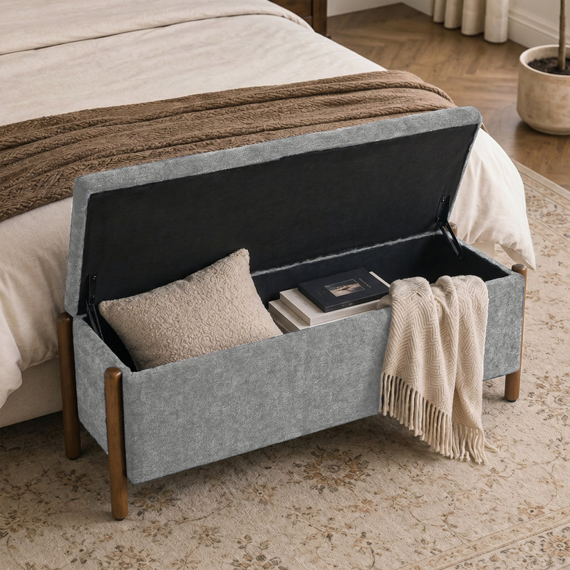  Banc de rangement rembourré 48 po avec pieds en bois massif 48 po, Gris